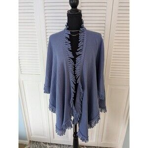 Coldwater Creek Women's One Sz Ruana Fringe Knit Wrap Shawl Cape Periwinkle Boho